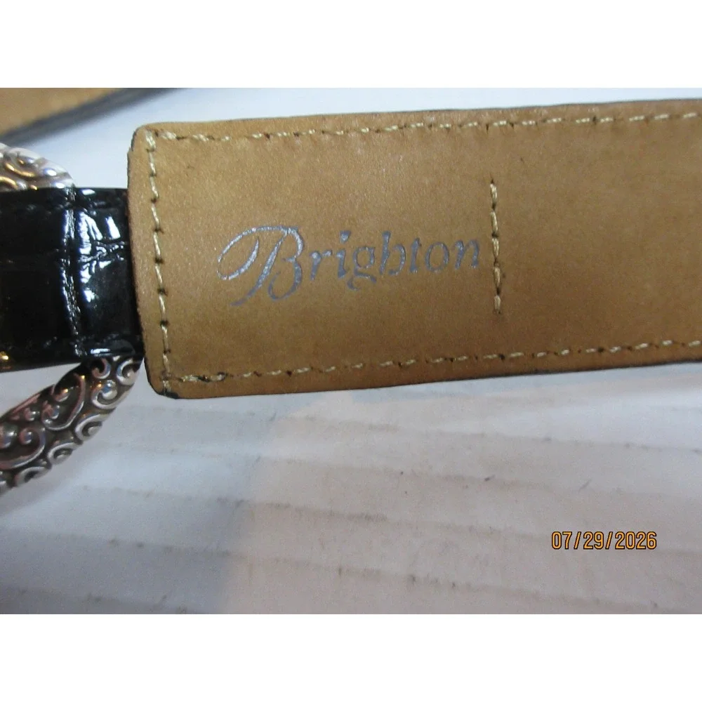 Brighton Black Croc Embossed Patent Leather Link Belt Silver Ornate Hardware 38